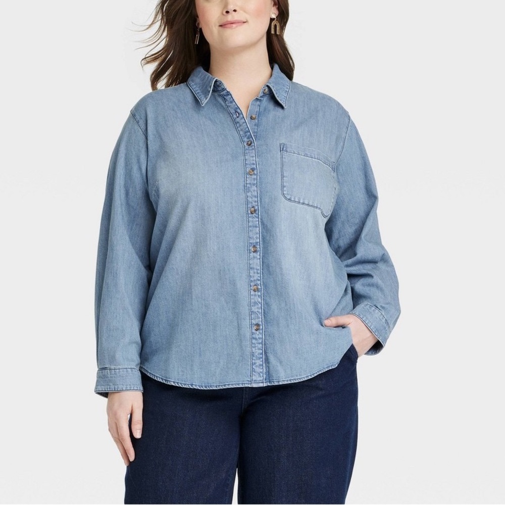 Women's Denim Long Sleeve Relaxed Fit Collared Button-Down Shirt